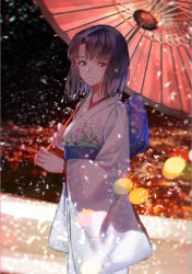 Rule 34 | 1girl, absurdres, black eyes, dark, fate/grand order, fate (series), highres, japanese clothes, kimono, light particles, looking at viewer, night, obi, oil-paper umbrella, parted bangs, pink kimono, purple hair, rolua, ryougi shiki, sash, short hair, smile, solo, umbrella