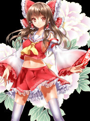 Rule 34 | 1girl, bad id, bad pixiv id, bare shoulders, black background, blush, bow, breasts, brown eyes, brown hair, cowboy shot, crop top, crop top overhang, detached sleeves, embellished costume, female focus, floral background, flower, hair bow, hair tubes, hakurei reimu, long hair, looking at viewer, medium breasts, midriff, miniskirt, navel, no bra, nontraditional miko, ofuda, petticoat, pleated skirt, red bow, red eyes, red skirt, shiny skin, sideboob, simple background, skirt, smile, solo, standing, thighhighs, touhou, tsukiriran, white thighhighs, wide sleeves, yellow neckwear, zettai ryouiki