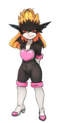 Rule 34 | 1girl, 34no404, arms behind back, bat wings, boots, bottomless, breasts, cleavage, colored sclera, cosplay, elbow gloves, gloves, high heel boots, high heels, lips, long hair, midna, mini wings, nintendo, orange hair, pointy ears, red eyes, rouge the bat, rouge the bat (cosplay), simple background, small breasts, solo, sonic (series), the legend of zelda, the legend of zelda: twilight princess, thigh boots, thighhighs, wings, yellow sclera