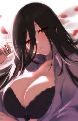 Rule 34 | 1girl, black bra, black hair, blue archive, blush, bra, breasts, cleavage, dress shirt, emirio (emirio110), hair between eyes, hasumi (blue archive), highres, huge breasts, long hair, open clothes, open shirt, parted lips, petals, red eyes, shirt, signature, solo, underwear, upper body, white shirt