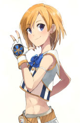 Rule 34 | 1girl, belt, blonde hair, blue eyes, closed mouth, fingerless gloves, from side, gloves, hand on own hip, hand up, idol, looking at viewer, maruhana, midriff, original, sailor collar, simple background, smile, solo, upper body, v, w, white background, white gloves