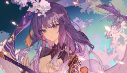 Rule 34 | 1girl, artist name, blue background, blunt bangs, braid, breasts, cherry blossoms, cleavage, closed mouth, daier45770, falling petals, floating hair, genshin impact, hair ornament, hair ribbon, hand up, highres, holding, holding weapon, japanese clothes, long hair, looking at viewer, mitsudomoe (shape), mole, mole under eye, outdoors, petals, purple eyes, purple hair, raiden shogun, ribbon, single braid, solo, tomoe (symbol), weapon