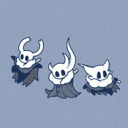 Rule 34 | 3others, alternate costume, black eyes, black skin, blank eyes, blush, broken vessel (hollow knight), buttons, cloak, colored skin, full body, fur-trimmed cloak, fur trim, greenpath vessel (hollow knight), grey background, grey cloak, holding, holding weapon, hollow knight, jumping, knight (hollow knight), looking at viewer, multiple others, nail (hollow knight), other focus, sakana 2-gou, simple background, standing, weapon, weapon on back, winter clothes
