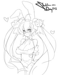 Rule 34 | 1girl, animal ears, antenna hair, arms behind back, bare shoulders, breasts, rabbit ears, cleavage, commentary, di gi charat, dice, eu03, glasses, greyscale, hair ornament, heart, large breasts, long hair, monochrome, no legs, sketch, smile, solo, twintails, usada hikaru, very long hair