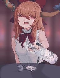 Rule 34 | 1girl, :d, blue bow, blurry, blurry background, blush, bottle, bow, bowtie, breasts, brown hair, brown horns, buttons, chain, chopsticks, commentary request, cup, glass, hair between eyes, hair bow, half-closed eyes, highres, holding, holding bottle, horn bow, horn ornament, horns, ibuki suika, korean commentary, korean text, long bangs, long hair, looking at viewer, medium breasts, open mouth, orange eyes, red bow, red bowtie, shirt, sidelocks, sleeveless, sleeveless shirt, smile, soju, solo, son (c100011), table, teeth, torn clothes, torn sleeves, touhou, upper body, upper teeth only, white shirt, wrist cuffs