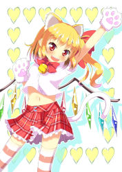 Rule 34 | 1girl, alternate costume, animal ears, animal hands, arm up, bell, blonde hair, bow, cat ears, cat tail, crop top, crop top overhang, fangs, flandre scarlet, gloves, hair bow, heart, kemonomimi mode, midriff, mouse ears, navel, open mouth, paw gloves, red eyes, shirt, side ponytail, skirt, smile, solo, striped clothes, striped thighhighs, tail, thighhighs, touhou, wings, yuimari, zettai ryouiki