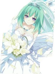 Rule 34 | 10s, 1girl, alternate costume, bad id, bad pixiv id, bare shoulders, blush, bouquet, bow, breasts, bridal veil, bride, cleavage, dress, earrings, flower, front-tie top, gloves, gradient background, green hair, green heart (neptunia), heart, high ponytail, holding, jewelry, jpeg artifacts, lace, lace-trimmed dress, lace-trimmed gloves, lace trim, large breasts, layered dress, light smile, long hair, looking at viewer, necklace, neptune (series), petals, ponytail, power symbol, power symbol-shaped pupils, purple eyes, rose, see-through, smile, solo, strapless, strapless dress, symbol-shaped pupils, tiara, veil, vert (neptunia), wedding dress, white dress, white flower, white rose