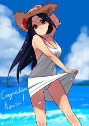 Rule 34 | 00s, 1girl, beach, breasts, character name, cleavage, clothes lift, day, dress, dress lift, female focus, hand on own head, hat, idolmaster, idolmaster (classic), idolmaster 1, miura azusa, outdoors, panties, pantyshot, rkrk, skirt, skirt lift, sky, solo, underwear