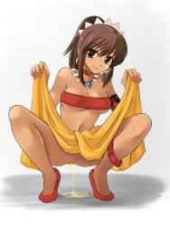 Rule 34 | 1girl, :p, armband, atlus, bandeau, breasts, brown eyes, brown hair, casual peeing, choker, clothes lift, dark-skinned female, dark skin, earrings, etrian odyssey, facepaint, happy peeing, jewelry, magatama, midriff, naughty face, necklace, panties, panties around leg, pee, peeing, ponytail, pussy, sarong, sarong lift, shilleka, skirt, skirt lift, smile, solo, squatting, strapless, tenro aya, tongue, tongue out, tube top, uncensored, underboob, underwear