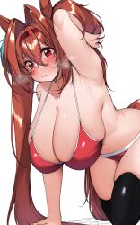 Rule 34 | 1girl, absurdres, antenna hair, arm support, armpit crease, bikini, black thighhighs, blush, breasts, brown hair, commission, daiwa scarlet (umamusume), embarrassed, hair between eyes, hair intakes, tucking hair, hairband, hand up, hanging breasts, highres, horse girl, huge breasts, kshimu, long hair, looking at viewer, red bikini, red eyes, red hairband, simple background, skeb commission, skindentation, solo, steaming body, swimsuit, thighhighs, twintails, umamusume, very long hair, white background
