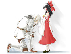 Rule 34 | 00s, aoi kao, armor, black hair, blush, bow, buront, crossover, detached sleeves, elf, elvaan, final fantasy, final fantasy xi, hair bow, hakurei reimu, kissing hand, japanese clothes, kiss, kneeling, long hair, miko, pointy ears, sarashi, short hair, silver hair, size difference, the iron of yin and yang, touhou