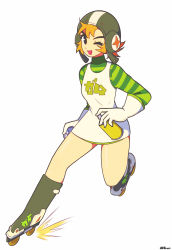 Rule 34 | 1girl, ;d, absurdres, artist name, blonde hair, breasts, dated, dress, full body, gloves, gum (jsr), helmet, highres, inline skates, jeff miga, jet set radio, long sleeves, looking at viewer, medium breasts, one eye closed, open mouth, roller skates, sega, short dress, short hair, signature, skates, smile, solo, spray can, spray paint, standing, striped, striped sleeves, white background, white gloves