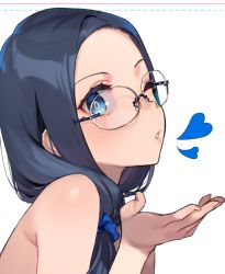 Rule 34 | 1girl, 92m, bare shoulders, blue eyes, blue hair, commentary request, dateko (92m), glasses, heart, long hair, nude, original, round eyewear, simple background, solo, upper body, white background