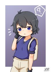 Rule 34 | 1girl, ?, alternate color, backpack, bad id, bad pixiv id, bag, black gloves, black hair, blue eyes, commentary request, cowboy shot, dated, gloves, hand up, kaban (kemono friends), kemono friends, looking at viewer, no headwear, parted lips, purple background, purple shirt, sateraito1024, shirt, short hair, short sleeves, signature, simple background, solo, spoken question mark, twitter username