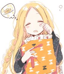 Rule 34 | 1girl, abigail williams (fate), black shirt, blonde hair, blush stickers, braid, closed eyes, facing viewer, fate/grand order, fate (series), food, forehead, frilled pillow, frills, hand up, highres, long hair, long sleeves, hugging object, open mouth, pancake, pancake stack, parted bangs, parted lips, pillow, pillow hug, polka dot, polka dot shirt, rubbing eyes, shirt, sidelocks, sleepy, sofra, solo, sparkle, thought bubble, upper body, very long hair, waking up