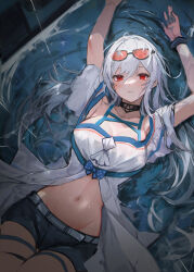 Rule 34 | 1girl, absurdres, arknights, black choker, blue shorts, breasts, choker, cleavage, commentary request, eyewear on head, highres, kisaragi pana, long hair, lying, medium breasts, navel, off-shoulder shirt, off shoulder, official alternate costume, orange-tinted eyewear, parted lips, red eyes, shirt, shorts, skadi (arknights), skadi (waverider) (arknights), solo, sunglasses, thigh strap, tinted eyewear, water, white hair, white shirt