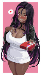 Rule 34 | 1girl, black hair, black jacket, blush, box, breasts, cleavage, commentary, condom, condom wrapper, dark-skinned female, dark skin, dress, gift, gift box, hair between eyes, hand on own chest, heart, hella p, highres, holding, holding gift, jacket, large breasts, leather, leather jacket, lips, long hair, looking at viewer, makeup, mole, mole under eye, multicolored hair, nail polish, naughty face, nose blush, original, purple hair, purple nails, red eyes, short dress, simple background, solo, spoken heart, symbol-only commentary, two-tone background, very long hair, white dress