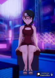 Rule 34 | 1girl, arms at sides, artist logo, artist name, bare legs, bare shoulders, black footwear, black hair, boruto: naruto next generations, cleavage cutout, closed mouth, clothing cutout, dress, espiralsix, female focus, flat chest, forehead protector, full body, glasses, headband, highres, konohagakure symbol, legs together, looking at viewer, naruto (series), paid reward available, patreon logo, patreon username, red-framed eyewear, red dress, red headband, sandals, short dress, short hair, side slit, sitting, sleeveless, sleeveless dress, smile, solo, straight-on, thighs, toes, uchiha sarada