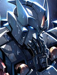 Rule 34 | autobot, blue eyes, commentary, drift (transformers), english commentary, from side, highres, lina rojas, looking ahead, mecha, open hand, parted lips, portrait, rain, robot, science fiction, solo, the transformers (idw), transformers