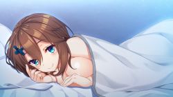 Rule 34 | 1girl, bed, bed sheet, blue eyes, blush, breasts, breasts squeezed together, brown hair, chobipero, closed mouth, female focus, game cg, giuniu, hair between eyes, happy, hinekuremono no gakuen seishun monogatari, indoors, large breasts, looking at viewer, lying, medium hair, nanjou sakuya, nude, on bed, on side, original, pillow, rozea, simple background, smile, solo, under covers