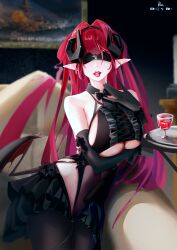 Rule 34 | 1girl, absurdly long hair, absurdres, arms under breasts, azur lane, b2403a, bare shoulders, black blindfold, black gloves, black headband, black horns, black pantyhose, black skirt, blindfold, breasts, center cross lace, center frills, chinese commentary, clothing cutout, commentary, cowboy shot, curled horns, demon girl, demon horns, demon wings, elbow gloves, frilled gloves, frills, gloves, headband, highres, hindenburg (azur lane), horns, large breasts, lipstick, long hair, looking at viewer, makeup, miniskirt, painting (object), pantyhose, pointy ears, red hair, red lips, see-through, skirt, solo, underboob, underboob cutout, very long hair, wings, world of warships