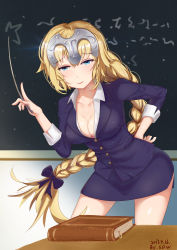 Rule 34 | 1girl, absurdres, blonde hair, blue eyes, blush, book, bow, braid, breasts, chalkboard, cleavage, collarbone, dated, desk, fate/grand order, fate (series), formal, hair bow, hair ribbon, hand on own hip, headpiece, highres, indoors, jeanne d&#039;arc (fate), jeanne d&#039;arc (ruler) (fate), large breasts, leaning forward, light blush, long braid, long hair, low-tied long hair, medium breasts, miniskirt, no bra, pencil skirt, pointer, purple ribbon, purple skirt, purple suit, ribbon, san dao wen, side slit, single braid, skirt, skirt suit, smile, solo, suit, teacher, very long hair