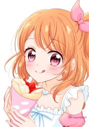 Rule 34 | 1girl, aikatsu!, aikatsu! (series), blush, bow, crepe, crumbs, detached sleeves, food, fruit, hair bow, heart, heart necklace, jewelry, licking lips, long hair, looking at viewer, necklace, ozora akari, orange hair, red eyes, simple background, strawberry, tiramisu651, tongue, tongue out, white background