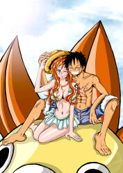 Rule 34 | 1boy, 1girl, abs, absurdres, arm tattoo, bikini, black hair, blue shorts, closed eyes, day, facial scar, feet, full body, hand on another&#039;s hand, hand on another&#039;s hat, hand on headwear, hat, highres, long hair, monkey d. luffy, nami (one piece), one eye closed, one piece, orange hair, outdoors, scar, scar on cheek, scar on chest, scar on face, ship, short hair, shorts, sitting, sky, smile, straw hat, swimsuit, tattoo, thousand sunny, topless, topless male, watercraft, zippi44