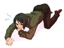 Rule 34 | 1boy, all fours, ass, black eyes, black hair, fate/zero, fate (series), long sleeves, looking at viewer, male focus, no shoes, pants, parted bangs, simple background, socks, solo, striped clothes, striped pants, ttakuann, vertical stripes, waver velvet, white background