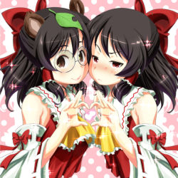 Rule 34 | 2girls, animal ears, ascot, bare shoulders, black hair, blush, bow, brown eyes, cosplay, detached sleeves, dress, futatsuiwa mamizou, glasses, hair bow, hair tubes, hakurei reimu, hakurei reimu (cosplay), heart, heart hands, heart hands duo, leaf, leaf on head, mukai, multiple girls, object on head, raccoon ears, red dress, red eyes, smile, sparkle, touhou