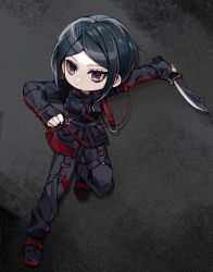 Rule 34 | black hair, black jacket, black pants, blue eyes, commentary request, danganronpa: trigger happy havoc, danganronpa (series), foot up, freckles, hand up, highres, holding, holding knife, holding weapon, ikusaba mukuro, jacket, knife, male focus, pants, parted bangs, purple eyes, raonal97, red jacket, short hair, sleeves past wrists, solo, sword, weapon
