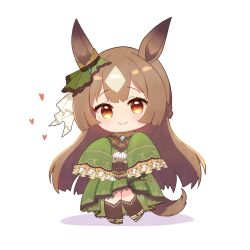 Rule 34 | 1girl, absurdres, animal ears, black thighhighs, blush, braid, brown eyes, brown hair, chibi, closed mouth, commentary, cropped jacket, ear ornament, french braid, frilled sleeves, frills, green jacket, green skirt, half updo, heart, high-low skirt, highres, hmpn12, horse ears, horse girl, horse tail, jacket, long hair, long skirt, long sleeves, looking at viewer, multicolored hair, satono diamond (umamusume), shirt, skirt, sleeves past fingers, sleeves past wrists, smile, solo, streaked hair, tail, thighhighs, umamusume, underbust, white shirt
