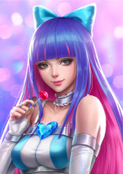 Rule 34 | 10s, 1girl, absurdres, aqua eyes, blue bow, blue hair, blue nails, bow, breasts, candy, collarbone, colored inner hair, commentary, dress, elbow gloves, eyelashes, food, gem, gloves, hair bow, heart, heart-shaped gem, highres, kai e, large breasts, light smile, lips, lollipop, long hair, looking at viewer, multicolored hair, nail polish, neck garter, nose, panty &amp; stocking with garterbelt, pink hair, pink lips, purple background, realistic, shirt, sleeveless, sleeveless shirt, smile, solo, sparkle, stocking (psg), striped clothes, striped dress, two-tone hair, upper body, vertical stripes, white gloves