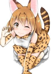 Rule 34 | 10s, 1girl, ;3, all fours, animal ears, bare shoulders, blonde hair, blush, boots, breasts, cat ears, cat tail, claw pose, eyebrows, gloves, highres, ippachi, kemono friends, kneeling, looking at viewer, one eye closed, ribbon, serval (kemono friends), serval print, serval tail, short hair, simple background, skirt, smile, solo, tail, thighhighs, yellow eyes, zettai ryouiki