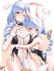 Rule 34 | 2girls, absurdres, animal ears, black leotard, blue hair, blush, bow, braid, braided ponytail, breasts, carrot hair ornament, cleavage, collar, detached collar, food-themed hair ornament, hair bow, hair ornament, highres, hololive, hug, jozahar, large breasts, leotard, long hair, looking at viewer, mature female, medium breasts, mother and daughter, multicolored hair, multiple girls, one eye closed, pekomama, pekomon (usada pekora), playboy bunny, rabbit ears, rabbit girl, rabbit tail, red eyes, short eyebrows, streaked hair, tail, twin braids, usada pekora, virtual youtuber, white background, white bow, white collar, white hair, white wrist cuffs, wrist cuffs