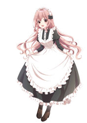 Rule 34 | 1girl, absurdres, apron, black bow, black dress, blush, boots, bow, breasts, brown eyes, brown footwear, commentary, cross-laced footwear, dress, frilled apron, frilled dress, frilled sleeves, frills, full body, hair bow, highres, holding, holding clothes, idolmaster, idolmaster cinderella girls, long hair, looking at viewer, maid, maid headdress, medium breasts, open mouth, pink hair, saionji kotoka, sash, simple background, sleeve cuffs, smile, solo, tottoto tomekichi, white apron, white background, white sash, white sleeves
