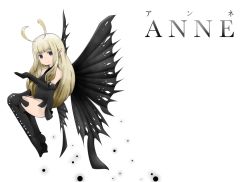 Rule 34 | 1girl, anne (bravely second), antennae, blonde hair, blue eyes, bravely default: flying fairy, bravely default (series), bravely second: end layer, butterfly wings, character name, elbow gloves, fairy, gloves, insect wings, leotard, long hair, pointy ears, simple background, smile, solo, thighhighs, white background, wings, yayoihiro