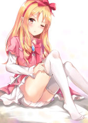 Rule 34 | 10s, 1girl, adjusting clothes, adjusting legwear, blonde hair, brown eyes, closed mouth, dress, eromanga sensei, frills, highres, long hair, long sleeves, no shoes, one eye closed, pink dress, pointy ears, ringlets, sitting, skirt, solo, tailam, thighhighs, thighs, white skirt, white thighhighs, yamada elf