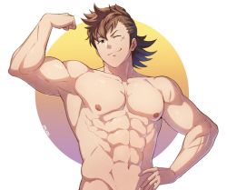 Rule 34 | 1boy, ;3, abs, armpits, bara, biceps, brown hair, completely nude, facial scar, fire emblem, fire emblem fates, flexing, groin, hinata (fire emblem), large pectorals, long sideburns, male focus, muscular, muscular male, navel, nintendo, nipples, nude, one eye closed, pectorals, scar, scar on arm, scar on cheek, scar on face, short hair, sideburns, smile, solo, stomach, zink (zink mchn)