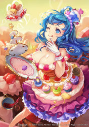 Rule 34 | 00s, 10s, 1girl, 2004, 2016, ;q, bare shoulders, blue eyes, blue hair, blush, breasts, cleavage, company name, copyright request, crown, cup, cupcake, dated, dress, dutch angle, english text, fei (idws321), food, food-themed clothes, food on body, food on face, fruit, gloves, heart, heaven of goddess, large breasts, licking lips, long hair, looking up, macaron, matching hair/eyes, one eye closed, smile, solo, spilling, standing, strawberry, teacup, tiered tray, tongue, tongue out, tray, watermark, whipped cream