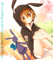 Rule 34 | 1boy, akane (goma), androgynous, animal ears, bad id, bad pixiv id, blush, brown eyes, brown hair, rabbit ears, english text, goma (11zihisin), hood, hoodie, looking at viewer, male focus, original, pillow, shorts, sitting, solo, souta (goma), striped, stuffed animal, stuffed rabbit, stuffed toy, tears, trap