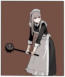 Rule 34 | 1girl, apron, black dress, border, brown background, closed mouth, dress, frown, gogalking, grey hair, hairband, highres, holding, holding weapon, jitome, leaning forward, long hair, long sleeves, mace, maid, maid apron, maid headdress, original, red eyes, simple background, solo, sparkle, spiked mace, spikes, weapon, white apron, white border