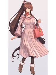 Rule 34 | 1girl, alternate costume, bag, black pantyhose, boots, breasts, brown footwear, brown hair, casual, cherry blossoms, dress, fur-trimmed boots, fur trim, grey background, hair between eyes, handbag, highres, kantai collection, kasumi (skchkko), large breasts, long hair, long sleeves, looking at viewer, open mouth, pantyhose, pink dress, ponytail, red eyes, scarf, smile, solo, white background, winter clothes, yamato (kancolle)