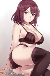 Rule 34 | 1girl, aslindsamure, ass, atelier (series), atelier sophie, bare shoulders, blush, bra, breasts, brown bra, brown eyes, brown hair, brown panties, brown thighhighs, cleavage, closed mouth, collarbone, highres, large breasts, looking at viewer, panties, short hair, simple background, smile, solo, sophie neuenmuller, striped bra, striped clothes, thighhighs, thighs, underwear, white background