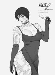 Rule 34 | 1girl, artist name, breasts, burn scar, choker, cleavage, collarbone, commission, covered navel, cowboy shot, dress, elbow gloves, evening gown, glasses, gloves, greyscale, groin, highres, holding, holding removed eyewear, jujutsu kaisen, looking at viewer, low neckline, medium breasts, monochrome, one eye closed, round eyewear, scar, scar on arm, scar on face, scar on leg, scar on shoulder, short hair, side slit, simple background, sleeveless, sleeveless dress, solo, spaghetti strap, standing, tight clothes, tight dress, unworn eyewear, white background, yukimpoi, zen&#039;in maki