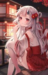 Rule 34 | 1girl, absurdres, detached sleeves, fuyoyo, highres, hololive, horns, long hair, looking at viewer, nakiri ayame, outdoors, red eyes, sitting, skin-covered horns, smile, solo, virtual youtuber, white hair