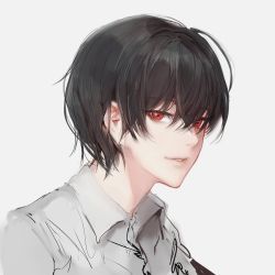 Rule 34 | 1boy, black hair, collared shirt, commentary, copyright request, crossed bangs, grey background, grey shirt, hair between eyes, male focus, parted lips, portrait, red eyes, shirt, short hair, simple background, sketch, solo, symbol-only commentary, tanu0706, teeth
