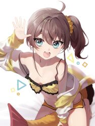 Rule 34 | 1girl, absurdres, ahoge, bikini, blue eyes, brown hair, commentary, emoji, highres, hololive, jacket, looking at viewer, medium hair, natsuiro matsuri, natsuiro matsuri (matsuri&#039;s day off), open clothes, open jacket, open mouth, salty gana, scrunchie, side ponytail, smile, solo, swimsuit, symbol-only commentary, virtual youtuber, white jacket, yellow bikini