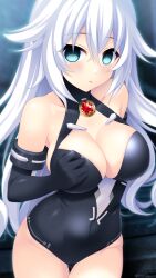 Rule 34 | 1girl, bare shoulders, black heart (neptunia), blue eyes, blush, breasts, cleavage, covered navel, elbow gloves, gloves, highleg, highleg leotard, highres, irori (irorixc), large breasts, leotard, long hair, looking at viewer, mind control, neptune (series), paid reward available, power symbol, power symbol-shaped pupils, smile, solo, symbol-shaped pupils, very long hair, white hair