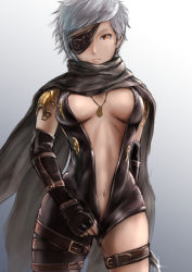 Rule 34 | 1girl, black gloves, breasts, breasts apart, brown eyes, center opening, cloak, cowboy shot, elbow gloves, eyepatch, fingerless gloves, gloves, granblue fantasy, grey background, highres, hiwa industry, holding, holding weapon, jewelry, knife, looking at viewer, medium breasts, navel, necklace, pendant, short hair, silver hair, solo, tania (granblue fantasy), tanya (granblue fantasy), thigh strap, weapon